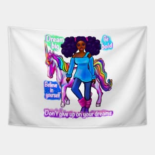 Inspirational motivational affirmation black girl African American woman and unicorn Tapestry