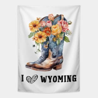 I Love Wyoming Boho Cowboy boots with Flowers Tapestry