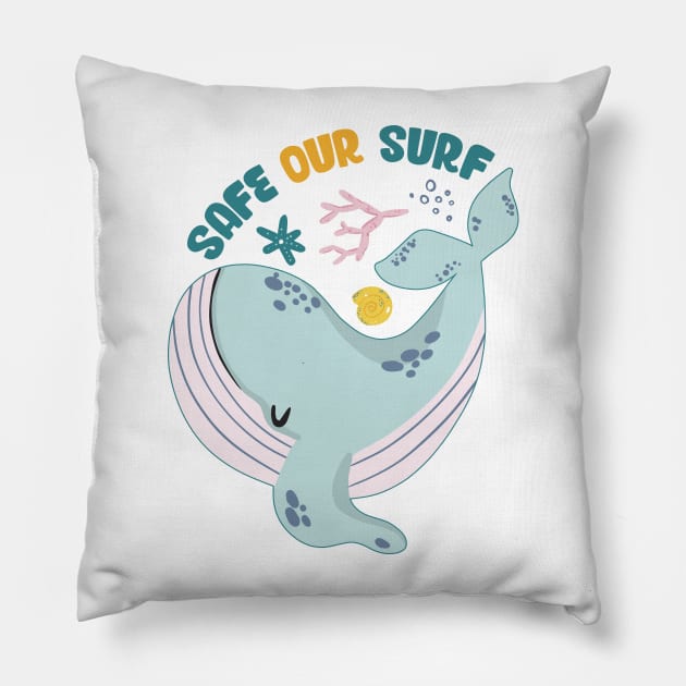 Safe our Surf quote with cute sea animal whale, starfish, coral and shell Pillow by jodotodesign