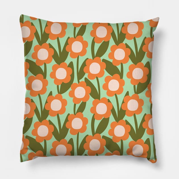 Minimal daisy flower pattern in green and orange Pillow by Natalisa