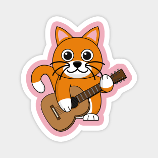 Cute Orange White Cat Playing Guitar Cartoon Magnet