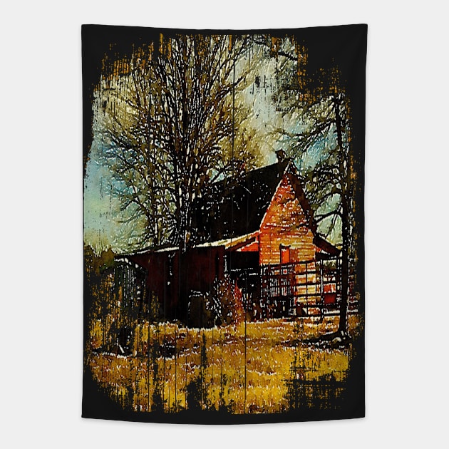 watercolor landscape Autumn western country farmhouse red barn Tapestry by Tina