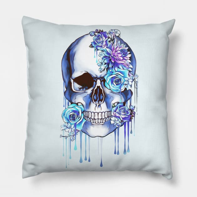 Floral, flowers and skull, Human anatomy, bones, blue style drops color paint Pillow by Collagedream