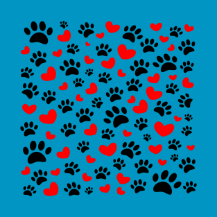 Black Dog Paws Red Hearts Pattern On Blue T-Shirt