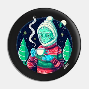 Christmas Funny Alien Drinking Coffee Wearing Sweater Pin