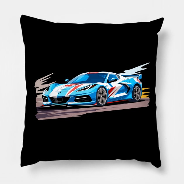 Raid Blue C8 Corvette racecar on a race track Supercar Sports car Racing car Pillow by Tees 4 Thee