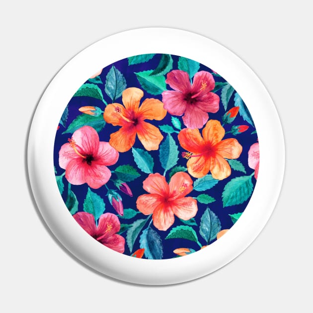 Colorful Watercolor Hibiscus on Indigo Blue Pin by micklyn