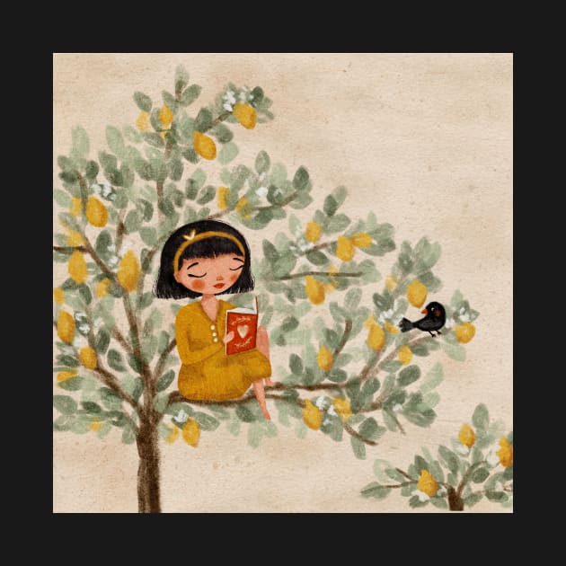 A Girl Reading on a Lemon Tree by Karinartspace