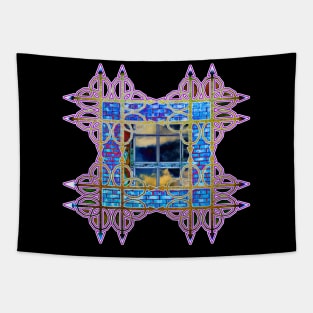 Blue Brick Sky Window Tapestry