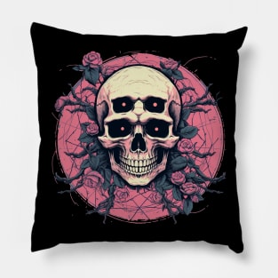 Psychedelic Skull With Roses and Pink Flowers Pillow