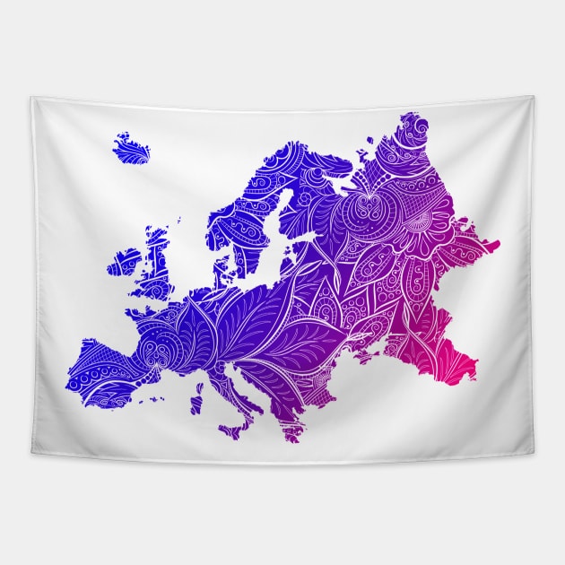 Colorful mandala art map of Europe with text in blue and violet Tapestry by Happy Citizen