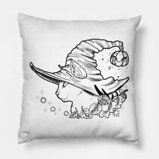 witch cat black lineart Pillow