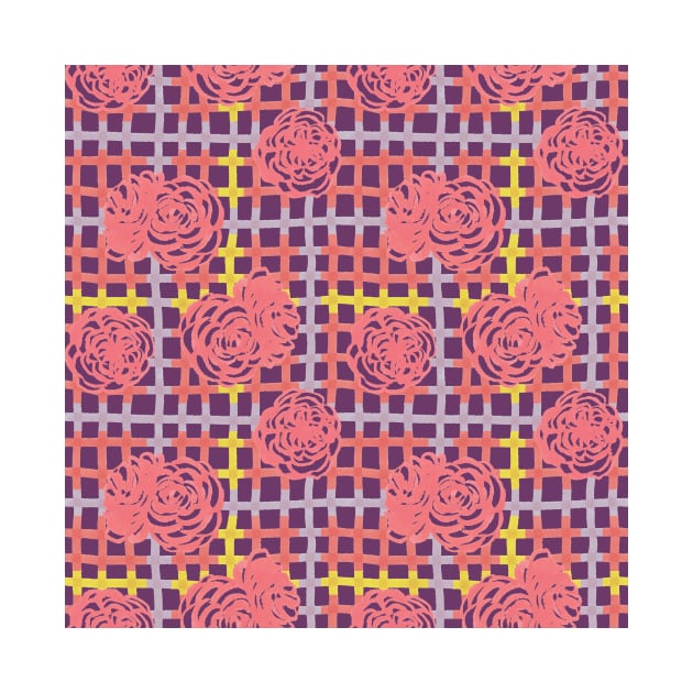 Roses on Plaid Pattern - Purple by MitaDreamDesign