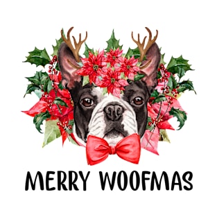 Merry Woofmas Boston Terrier Flower Funny Gift Christmas T-Shirt