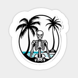 skeleton, beach, surf, palm tree and waves. Magnet