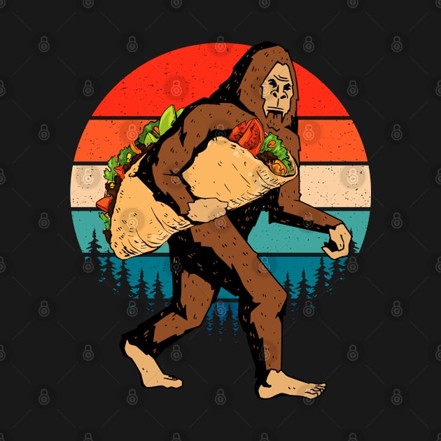 Bigfoot Carrying A Taco Retro Sunset by Tesszero