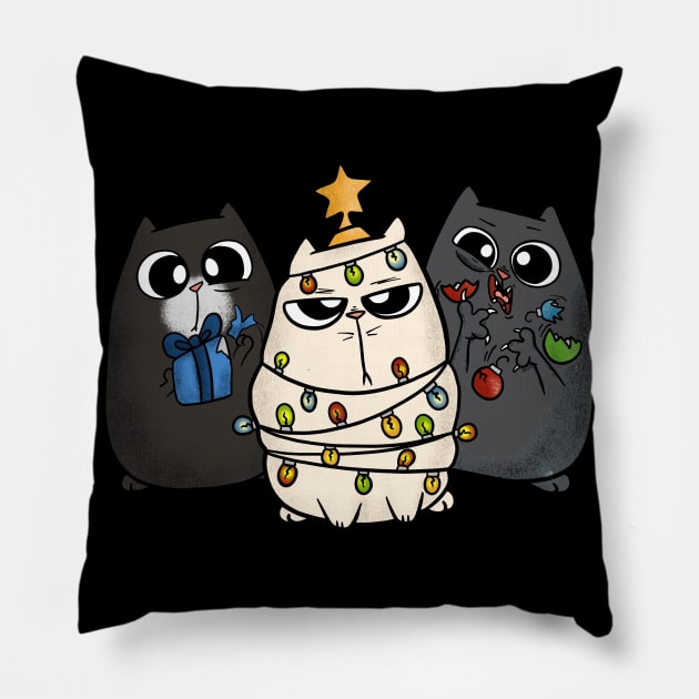 Christmas Cat Gifts Presents Tangled Lights Pillow by Wanderer Bat