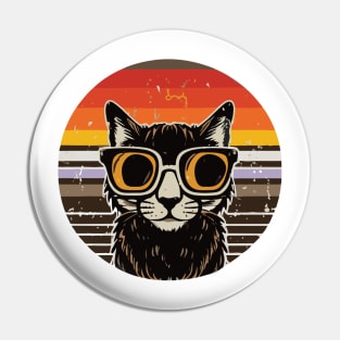 vintage brown a black cat in glasses, retro sunset Pin