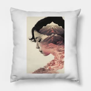 Twilight in the Land of the Rising Sun: A Lovely Ukiyo-e Double Exposure Art Pillow