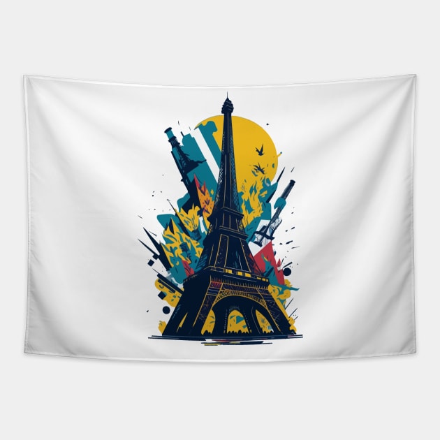 Vibrant illustration of chaotic debris around the Eiffel tower Tapestry by amithachapa