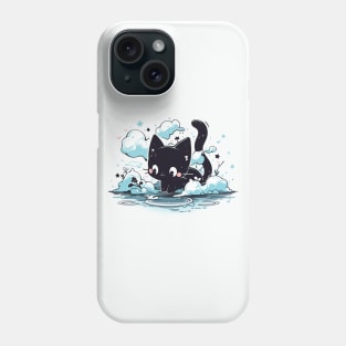 Black cat on the side of a pond Phone Case