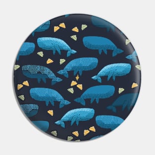 Blue whales illustration poster with pattern of whales and yellow seashells Pin