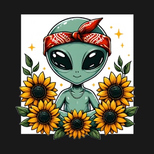 Alien with bandana and sunflowers T-Shirt