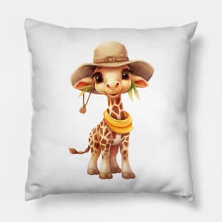 Giraffe in Straw Hat Pillow