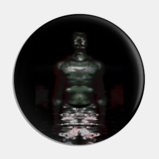 Portrait, digital collage and special processing. Muscular weird guy in briefs. Darkness. Glow. Green, gray. Pin