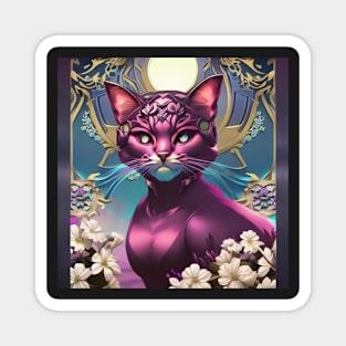 Elegant Purple Cat Surrounded by White Flowers Magnet