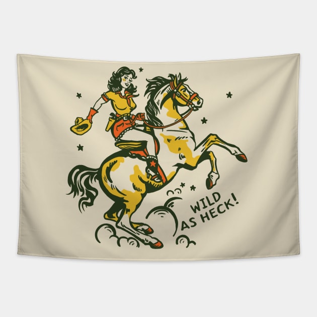 "Wild As Heck" Cute Retro Cowgirl Art Tapestry by The Whiskey Ginger