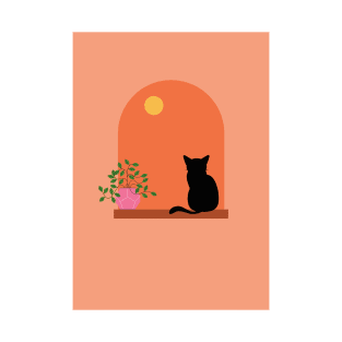 Minimalistic Illustration of Cat Sitting Boho Aesthetic T-Shirt