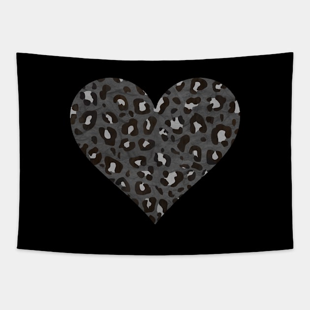 Dark Gray, Black and White Leopard Print Heart Tapestry by bumblefuzzies