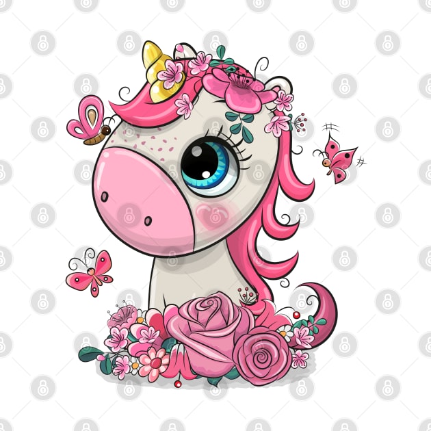 Cute baby unicorn with flowers by Reginast777