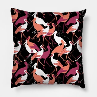 Red amd White Stork Birds on Black Background Color Pattern Pillow