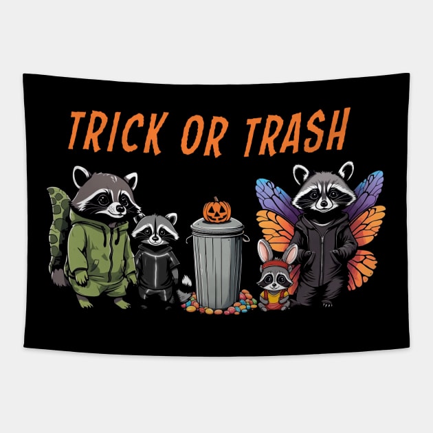 Trick or Trash - Cute Raccoon Family in Halloween Costumes Tapestry by WolfMerrik