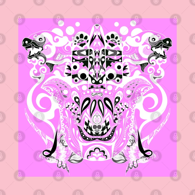 pink immortal tribal kaiju in ecopop pattern by jorge_lebeau