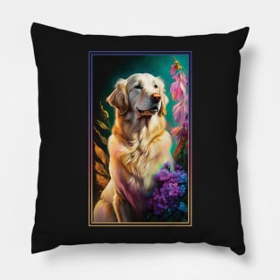 Golden Retriever Dog Vibrant Tropical Flower Tall Digital Oil Painting Portrait 3 Pillow