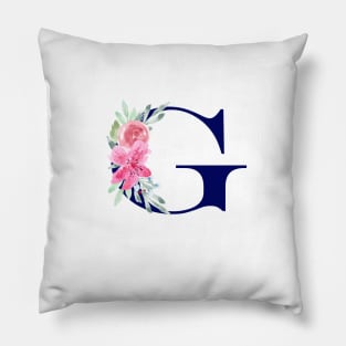 Watercolor Floral Letter G in Navy Pillow