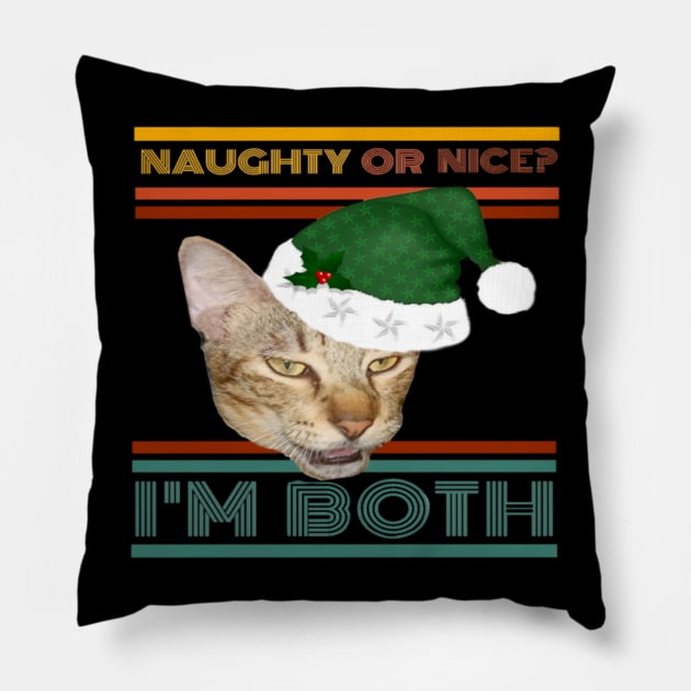 Naughty Or Nice? I'm Both Funny Retro Text Design with Cat in Green Santa Hat with Holly Pillow by aspinBreedCo2