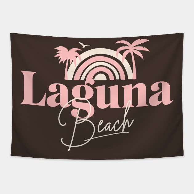 Laguna Beach Vintage Half Sunset Tee with Pink Palm Trees and Script Font Tapestry by Christmas Clatter