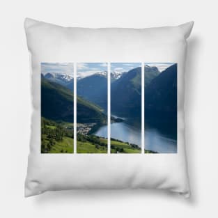 Wonderful landscapes in Norway. Vestland. Beautiful scenery of Aurland fjord from the Aurlandsvangen view point facing to the village of Aurland and Flam. Sunny day Pillow