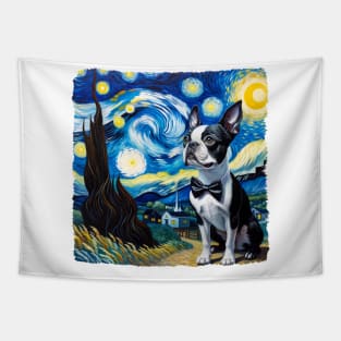 Starry Boston Terrier Dog Portrait - Pet Portrait Tapestry