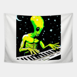 Alien playing keyboard in outer space Tapestry