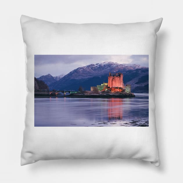 Eilean Donan Castle on a winter evening  in the Highlands of Scotland , Eilean Donan Castle is one of the finest Scottish castles for photography Pillow by goldyart