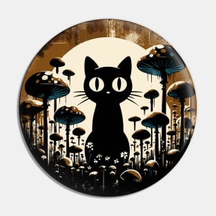 Funny Retro Black Cat in Mushroom Garden Pin