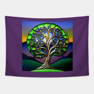 Celtic Stained Glass Tree of Life at Sunset Tapestry