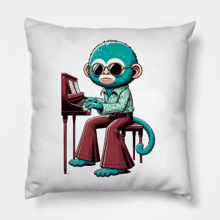 Groovy 70s Piano-Playing Monkey - Colorful Cartoon Vector Art Pillow