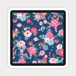 Pink Girly Floral Flowers, Pretty Feminine Pattern on Blue Background Magnet
