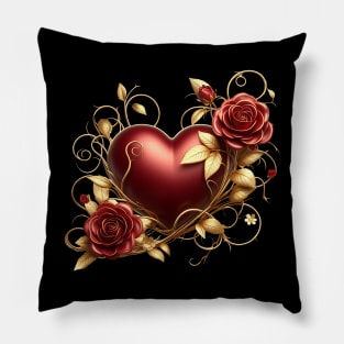 Valentines Day Red Heart, Red Roses, Golden Vines - Dark Pillow